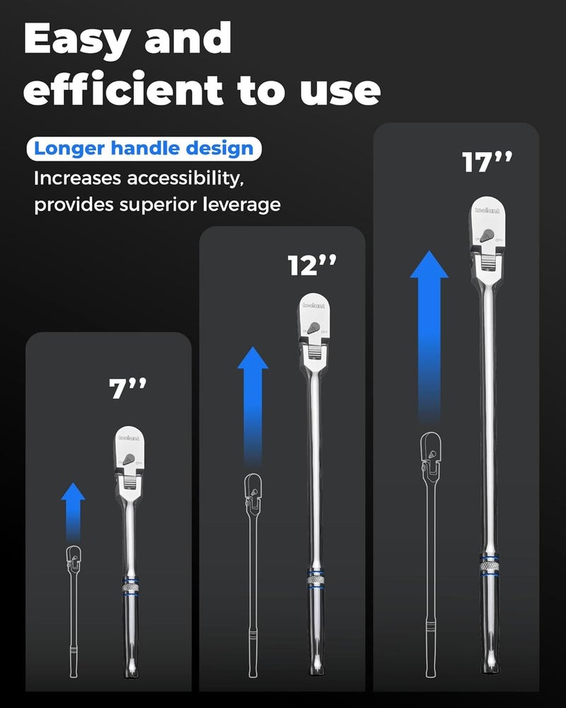 toolant 1/2" Drive Flex Head Ratchet, 90 Tooth Compact Flex Head Socket Ratchet Wrench, 17 Inch Length - Image 5